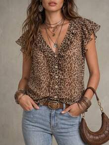 Solivie Women's Summer Fashion Leopard Print Ruffle Blouse Vacation Brown Zebra Print Boho Vacation Going Out Vacation - Multicolor - View 9