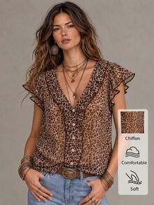 Solivie Women's Summer Fashion Leopard Print Ruffle Blouse Vacation Brown Zebra Print Boho Vacation Going Out Vacation - Multicolor - View 2