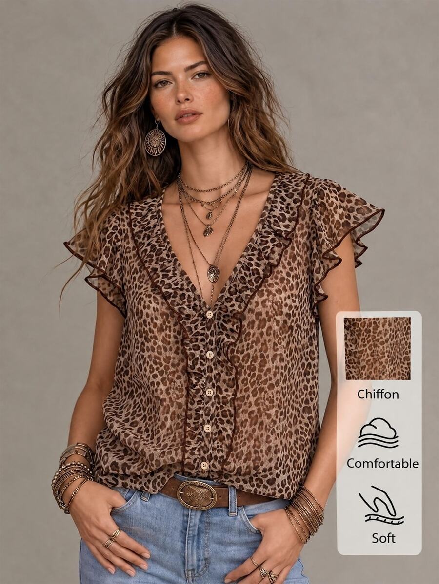 Solivie Women's Summer Fashion Leopard Print Ruffle Blouse Vacation Brown Zebra Print Boho Vacation Going Out Vacation
