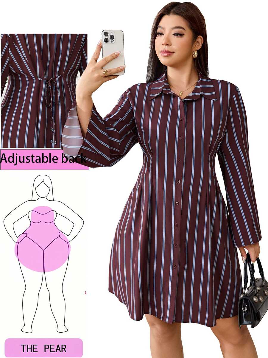 Solflare Plus Size Striped Colorblock Button Long Sleeve Dress Fall - Brown - View 1