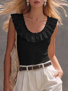 Solivie Women's Solid Color Patchwork Ruffle Trim Fitted Fashion Casual Elegant T-Shirt Brunch Black Summer - Black - View 3