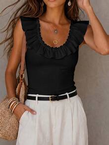 Solivie Women's Solid Color Patchwork Ruffle Trim Fitted Fashion Casual Elegant T-Shirt Brunch Black Summer - Black - View 5