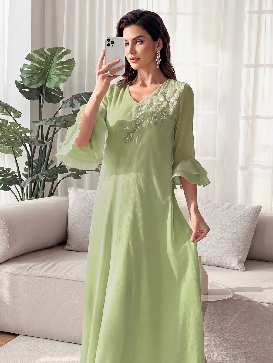 Al Najma 女士V领串珠花卉层叠荷叶袖阿拉伯风格连衣裙,春夏款 - 綠色 - 查看 1
