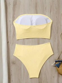 Swim Vcay Women's Solid Color Bandeau Bikini Set With Side Ruched Details, Beach Summer Outfit - Pale Yellow - View 4