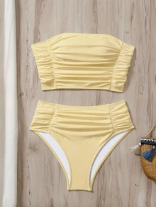 Swim Vcay Women's Solid Color Bandeau Bikini Set With Side Ruched Details, Beach Summer Outfit - Pale Yellow - View 2