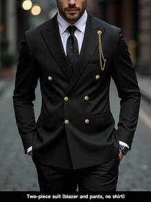 Calvornis 2 Pieces Men's Double-Breasted Blazer,Pants Formal Suit,Black,Gold,Summer,Autumn,Elegant,Evening Party,Banquet Tuxedo Set,Old Money Style,Ceremony - Black - View 2