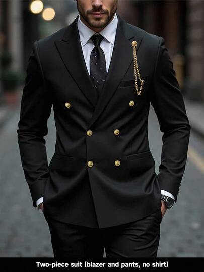 Calvornis 2 Pieces Men's Double-Breasted Blazer,Pants Formal Suit,Black,Gold,Summer,Autumn,Elegant,Evening Party,Banquet Tuxedo Set,Old Money Style,Ceremony