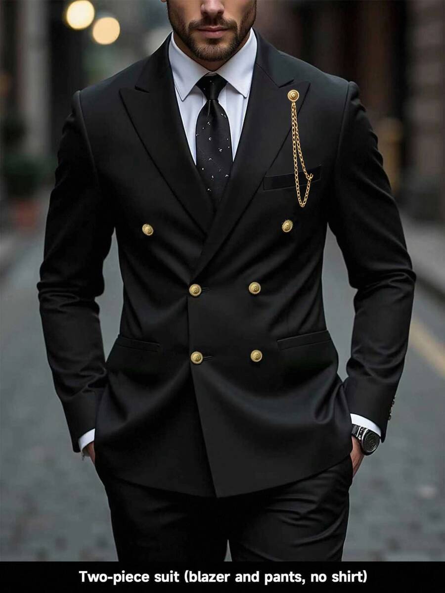 Calvornis 2 Pieces Men's Double-Breasted Blazer,Pants Formal Suit,Black,Gold,Summer,Autumn,Elegant,Evening Party,Banquet Tuxedo Set,Old Money Style,Ceremony