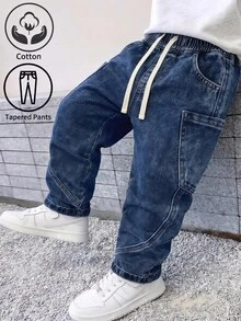 SHEIN Young Boy Fashion Drawstring Waist Pocket Denim Jeans For Daily Wear Fall Matching Cowboy - Blue - View 1