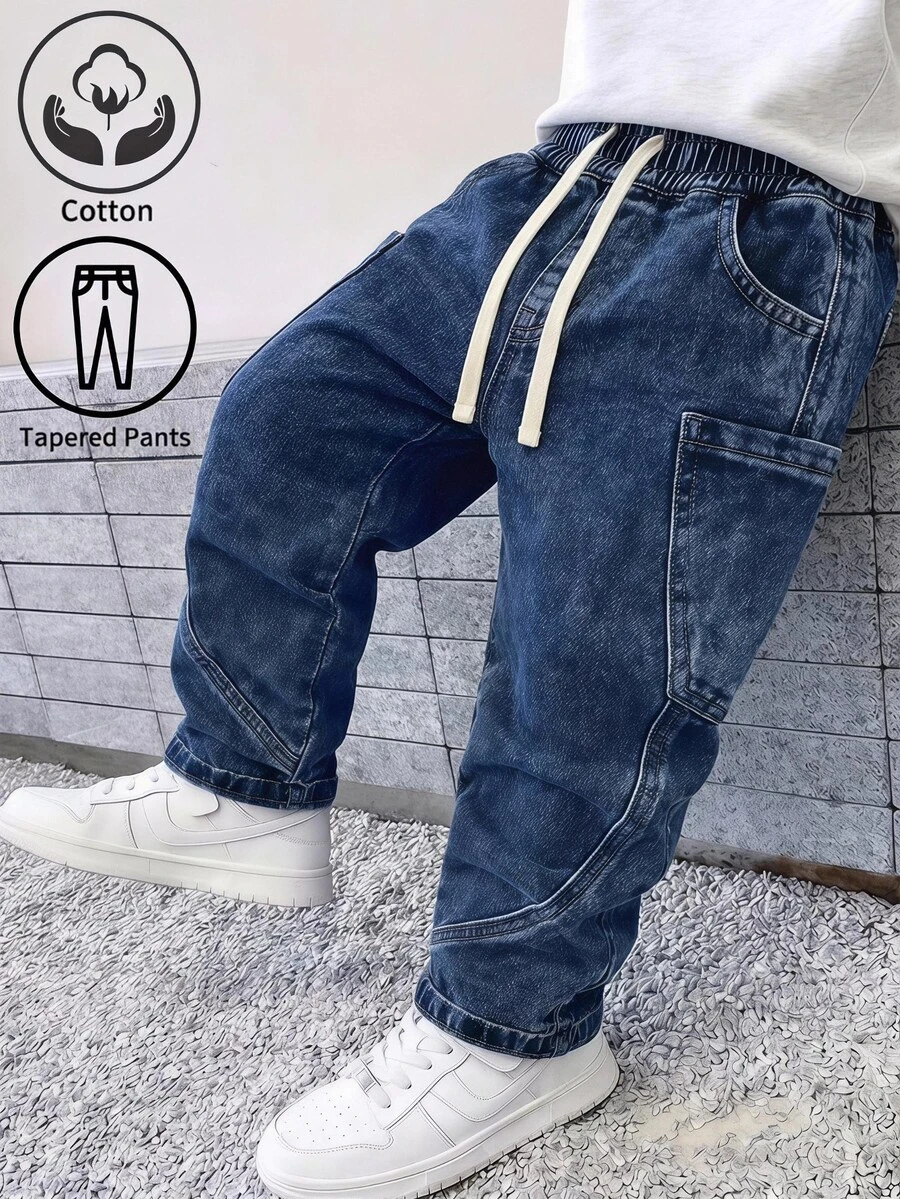 SHEIN Young Boy Fashion Drawstring Waist Pocket Denim Jeans For Daily Wear Fall Matching Cowboy - Blue - View 1