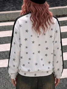 Attitoon 女款輕便夾克，星星圖案，白色領對比色，拉鍊開合小立領長袖，日常休閒，秋季時尚 - 彩色 - 查看 3