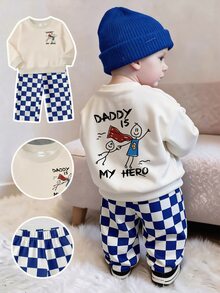 男嬰棋盤格套裝，幼兒可愛 Daddy Is My Hero 火柴人字母印花圓領長袖衛衣與直筒長褲套裝 - 彩色 - 查看 1