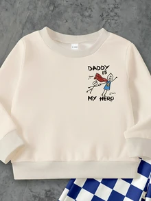 男嬰棋盤格套裝，幼兒可愛 Daddy Is My Hero 火柴人字母印花圓領長袖衛衣與直筒長褲套裝 - 彩色 - 查看 3