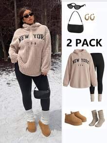Muchica Plus Size Women's Zip-Up Half-Front Letter Print Long Sleeve Hoodie Top With Solid Color Leggings 2 Pieces Set Fall - Multicolor - View 3
