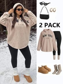 Muchica Plus Size Women's Zip-Up Half-Front Letter Print Long Sleeve Hoodie Top With Solid Color Leggings 2 Pieces Set Fall - Multicolor - View 1