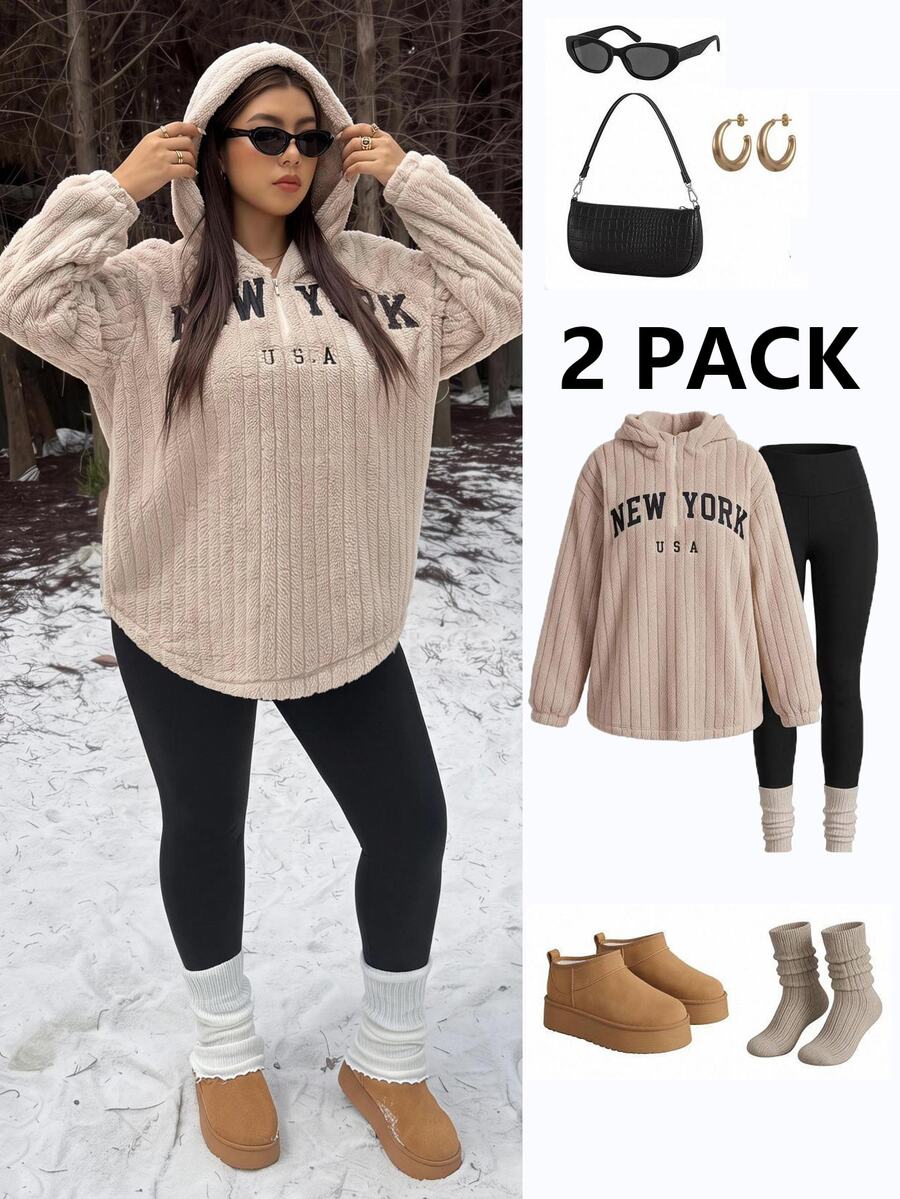 Muchica Plus Size Women's Zip-Up Half-Front Letter Print Long Sleeve Hoodie Top With Solid Color Leggings 2 Pieces Set Fall - Multicolor - View 1