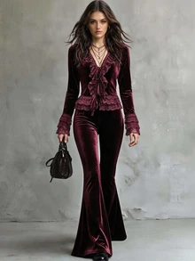 Breezaya Burgundy Velvet & Lace Ruffle 2 Pieces Set, Autumn Vintage Evening / Date Outfit - Burgundy - View 4