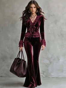 Breezaya Burgundy Velvet & Lace Ruffle 2 Pieces Set, Autumn Vintage Evening / Date Outfit - Burgundy - View 5