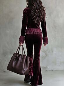 Breezaya Burgundy Velvet & Lace Ruffle 2 Pieces Set, Autumn Vintage Evening / Date Outfit - Burgundy - View 2