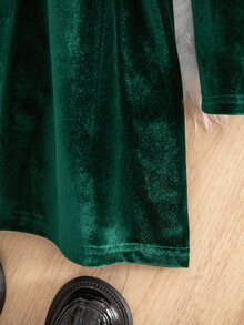 SHEIN 女童深綠色天鵝絨長袖蝴蝶結洋裝 - 彩色 - 查看 8