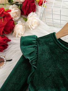 SHEIN 女童深綠色天鵝絨長袖蝴蝶結洋裝 - 彩色 - 查看 6