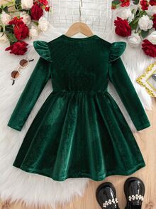 SHEIN 女童深綠色天鵝絨長袖蝴蝶結洋裝 - 彩色 - 查看 5