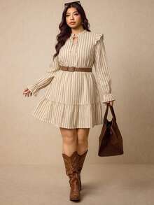 Elaquor Plus Size Women's Striped Pleated Casual Party Dress Fall - Multicolor - View 5