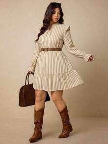 Elaquor Plus Size Women's Striped Pleated Casual Party Dress Fall - Multicolor - View 1