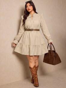 Elaquor Plus Size Women's Striped Pleated Casual Party Dress Fall - Multicolor - View 3