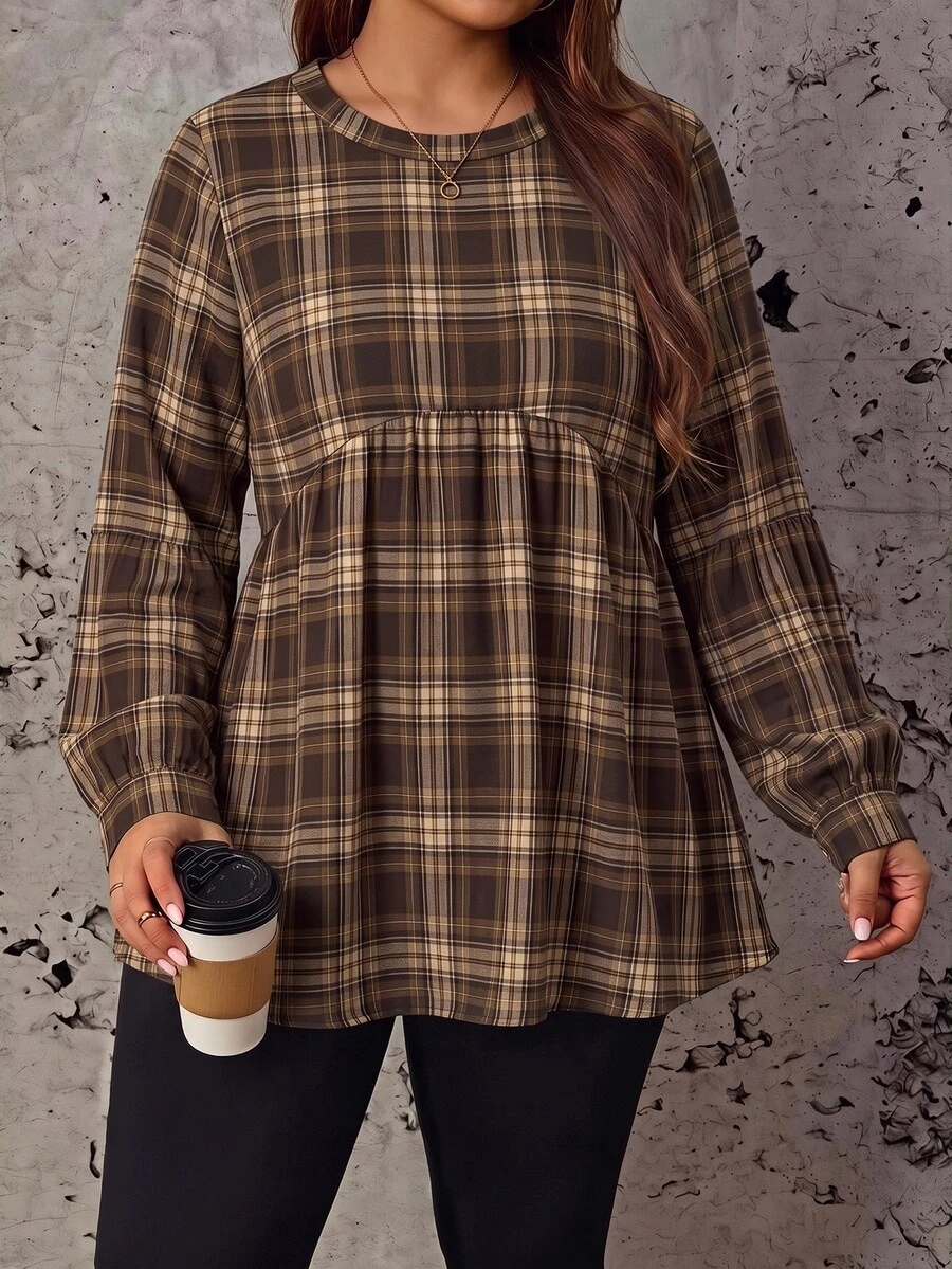 Comfylo 女款英式蘇格蘭格紋秋季休閒百搭日常極簡大尺碼襯衫 - 彩色 - 查看 1