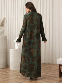 Al Najma 女式宽松荷叶边下摆长袖阿拉伯风格连衣裙，秋冬 - 綠色 - 查看 2