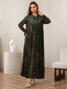 Al Najma 女式宽松荷叶边下摆长袖阿拉伯风格连衣裙，秋冬 - 綠色 - 查看 7