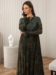 Al Najma 女式宽松荷叶边下摆长袖阿拉伯风格连衣裙，秋冬 - 綠色 - 查看 8