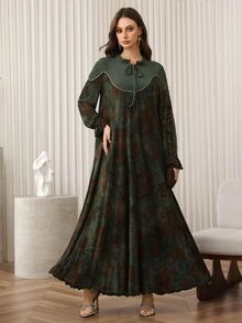 Al Najma 女式宽松荷叶边下摆长袖阿拉伯风格连衣裙，秋冬 - 綠色 - 查看 5