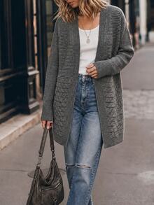 Elafinee Slouchy V-Neck Front Cable Knit Textured Drop Shoulder Long Sleeve Ribbed Cuff Hem Loose Fit Women's Cardigan Travel Gray Fall Casual - Grey - View 5