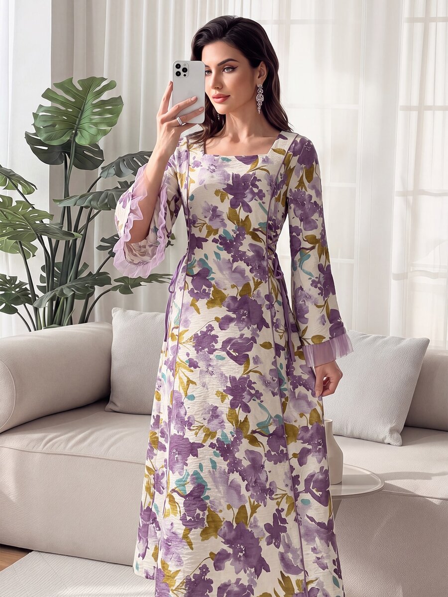 SHEIN Najma 女式阿拉伯风格印花网眼饰边腰带连衣裙,春夏 - 紫色 - 查看 1