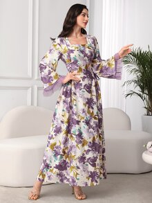 SHEIN Najma 女式阿拉伯风格印花网眼饰边腰带连衣裙，春夏 - 紫色 - 查看 8