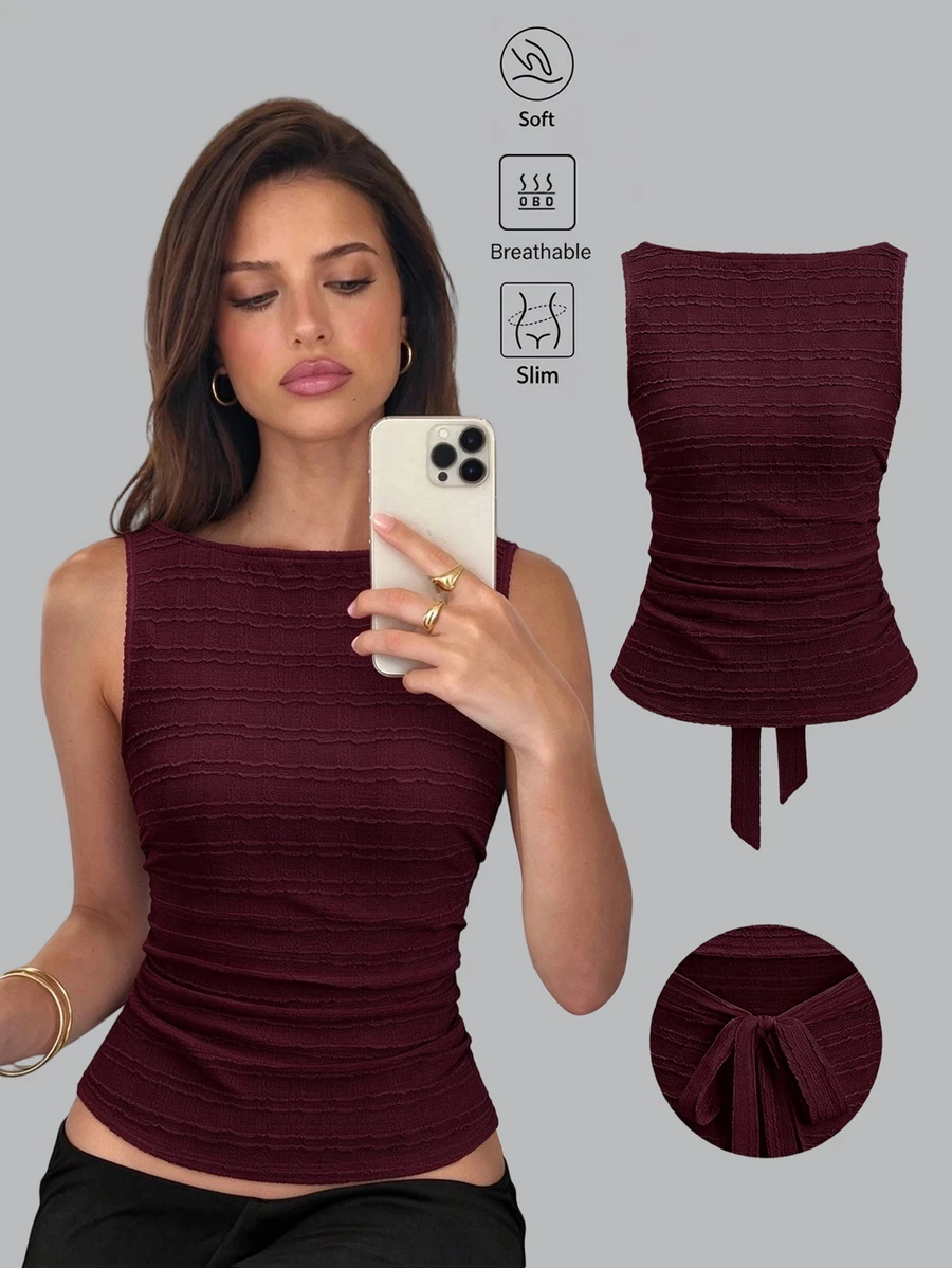 Sweetra Women's Solid Color Pleated Casual Versatile Daily Wear Tube Top - Burgundy - View 1