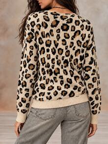 LUMIGAL Women's Fashion Vintage Leopard Print Jacquard Long Sleeve Sweater - Multicolor - View 3