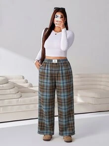 Solflare Plus Size Women's Plaid Casual Versatile Daily Wear Long Pants - Brown - View 5