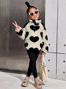 2pcs/Set Young Girls Reversible Heart Print Fleece Zip-Up Hoodie And Leggings Set, Casual Winter Outfit For Back-To-School, Fall Young Girls School Wear - Multicolor - View 1