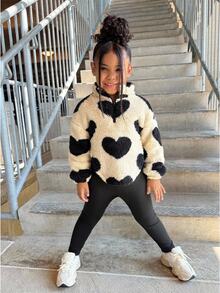 2pcs/Set Young Girls Reversible Heart Print Fleece Zip-Up Hoodie And Leggings Set, Casual Winter Outfit For Back-To-School, Fall Young Girls School Wear - Multicolor - View 3