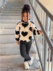 2pcs/Set Young Girls Reversible Heart Print Fleece Zip-Up Hoodie And Leggings Set, Casual Winter Outfit For Back-To-School, Fall Young Girls School Wear - Multicolor - View 4