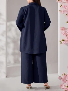 Veilorie Plus Size Women Solid Color Hollow Design Long Sleeve Shirt And Wide Leg Pants Loose Two Pieces Set Formal Office Navy Blue Autumn Casual Elegant - Navy Blue - View 2