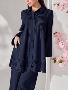 Veilorie Plus Size Women Solid Color Hollow Design Long Sleeve Shirt And Wide Leg Pants Loose Two Pieces Set Formal Office Navy Blue Autumn Casual Elegant - Navy Blue - View 5
