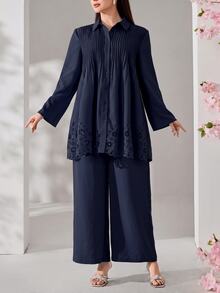 Veilorie Plus Size Women Solid Color Hollow Design Long Sleeve Shirt And Wide Leg Pants Loose Two Pieces Set Formal Office Navy Blue Autumn Casual Elegant - Navy Blue - View 3