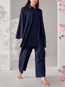 Veilorie Plus Size Women Solid Color Hollow Design Long Sleeve Shirt And Wide Leg Pants Loose Two Pieces Set Formal Office Navy Blue Autumn Casual Elegant - Navy Blue - View 4
