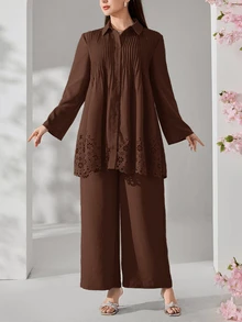 Veilorie Plus Size Women's Solid Color Hollow Hem Pleated Shirt Pants Elegant Two Pieces Set Brunch Morning Evening Formal Brown Fall - Coffee Brown - View 3