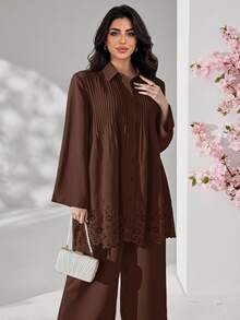 Veilorie Plus Size Women's Solid Color Hollow Hem Pleated Shirt Pants Elegant Two Pieces Set Brunch Morning Evening Formal Brown Fall - Coffee Brown - View 1