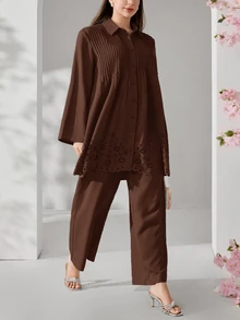 Veilorie Plus Size Women's Solid Color Hollow Hem Pleated Shirt Pants Elegant Two Pieces Set Brunch Morning Evening Formal Brown Fall - Coffee Brown - View 4